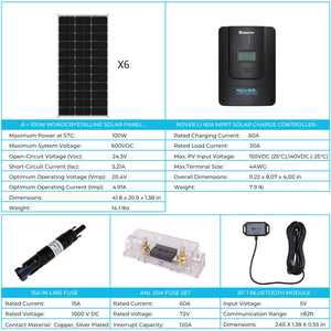 600W 12V/24V Monocrystalline Solar Premium Kit w/Rover 60A Charger Controller