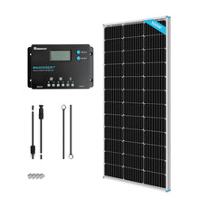 Load image into Gallery viewer, 100W 12V Monocrystalline Solar Starter Kit w/Wanderer 10A Charge Controller