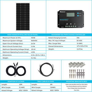 100W 12V Monocrystalline Solar Starter Kit w/Wanderer 10A Charge Controller