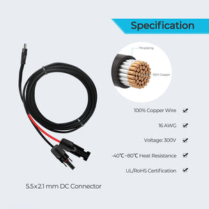 10Ft 16AWG Solar Connector to 5.5x2.1mm DC Connector Adapter Cable